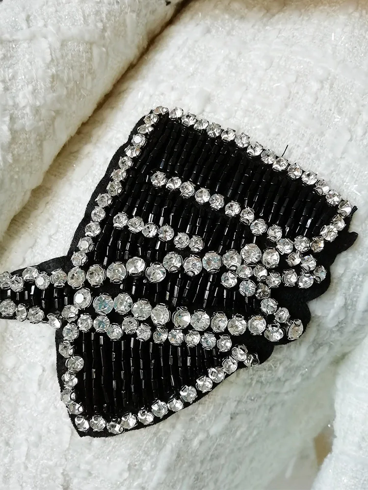 

High Quality Autumn Winter 2020 Women Jacket Rhinestone Badge Double Breasted Tweed Casual jacket Black White Color Block Coat