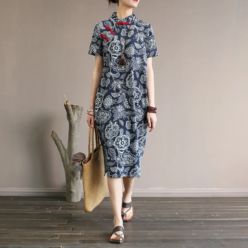 Женское винтажное платье Qipao повседневное летнее до колена из хлопка и льна с