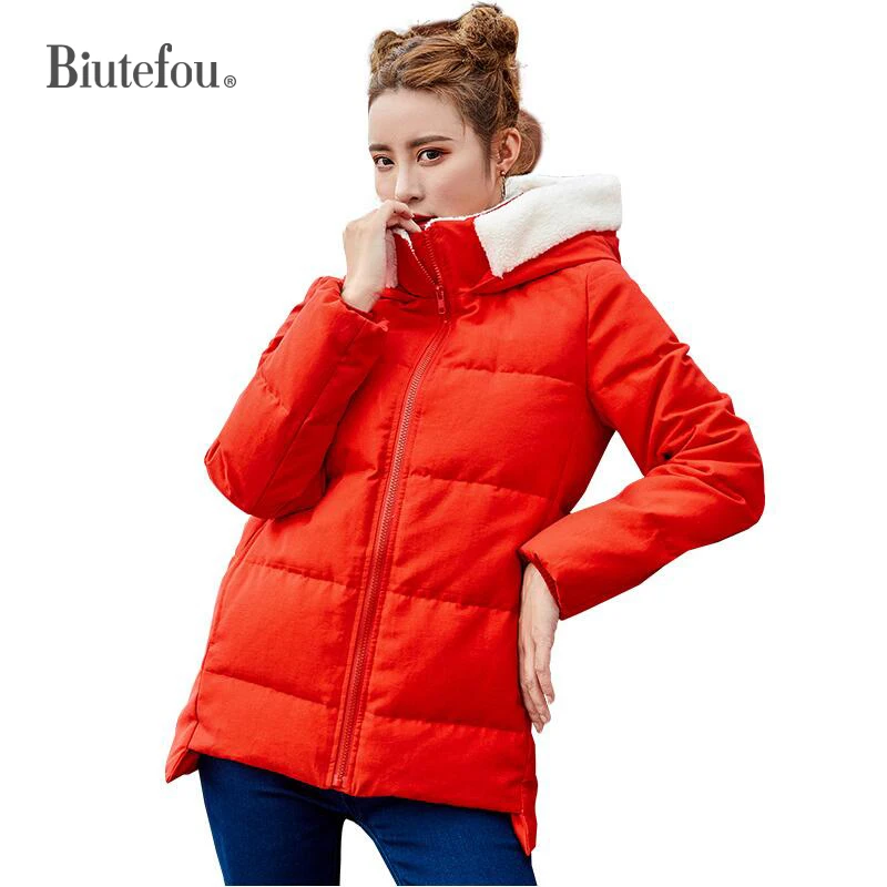 2018 Новое поступление женские Теплые Красные пуховые пальто зимние тонкие