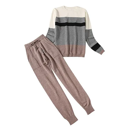 Хаки ALPHALMODA Ensemble Femme; комплект из 2 предметов; панталоны в полоску; джемпер с длинными рукавами+ брюки; женские вязаные комплекты - Цвет: Хаки