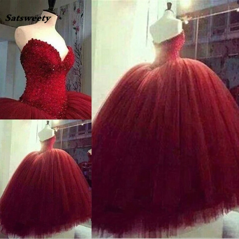

Elegant Ball Dubai Saudi Arabia Gown Sweetheart Red Long Dresses For Wedding vestidos de baile Lace Up Back Bridal Gowns