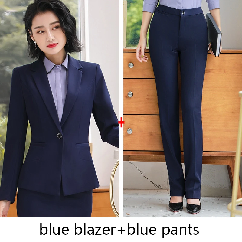 blue pants suits Женские весенне-осенние новые модные Женский комплект 2 шт. костюмы с юбкой, тонкая рабочая одежда, офисный Женский блейзер с длинным рукавом и юбка, наряды - Цвет: blue pants suits