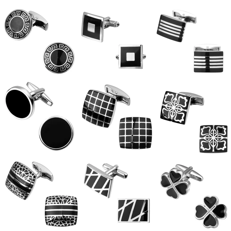 

Eighteen black enamel fashion design brand silvery striped Cufflinks hexagon twill shirt cuff Cuff Mens Jewelry