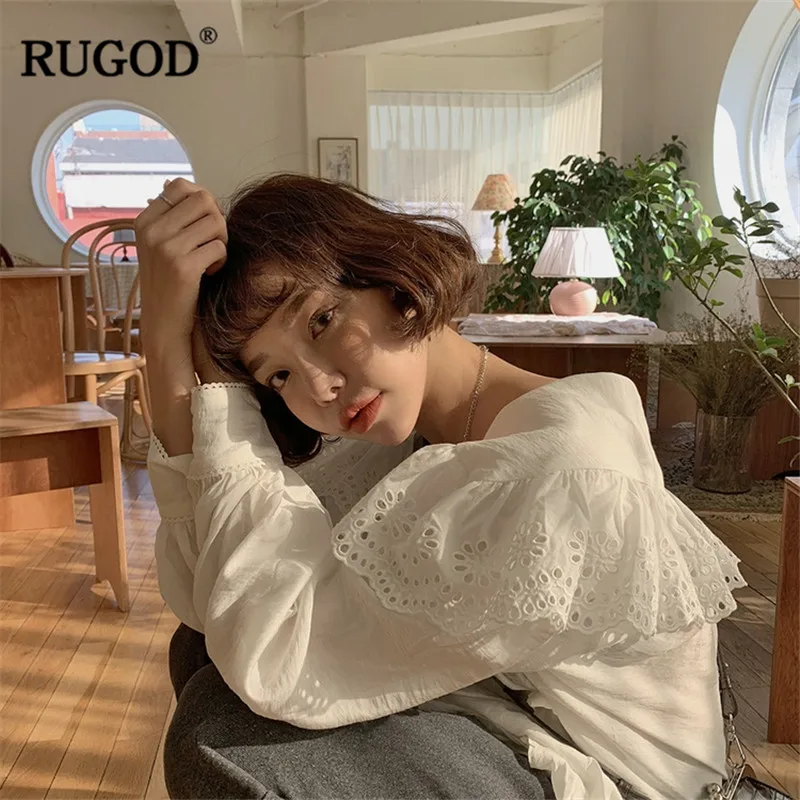 Женская кружевная блузка RUGOD белая Свободная с длинным рукавом-фонариком