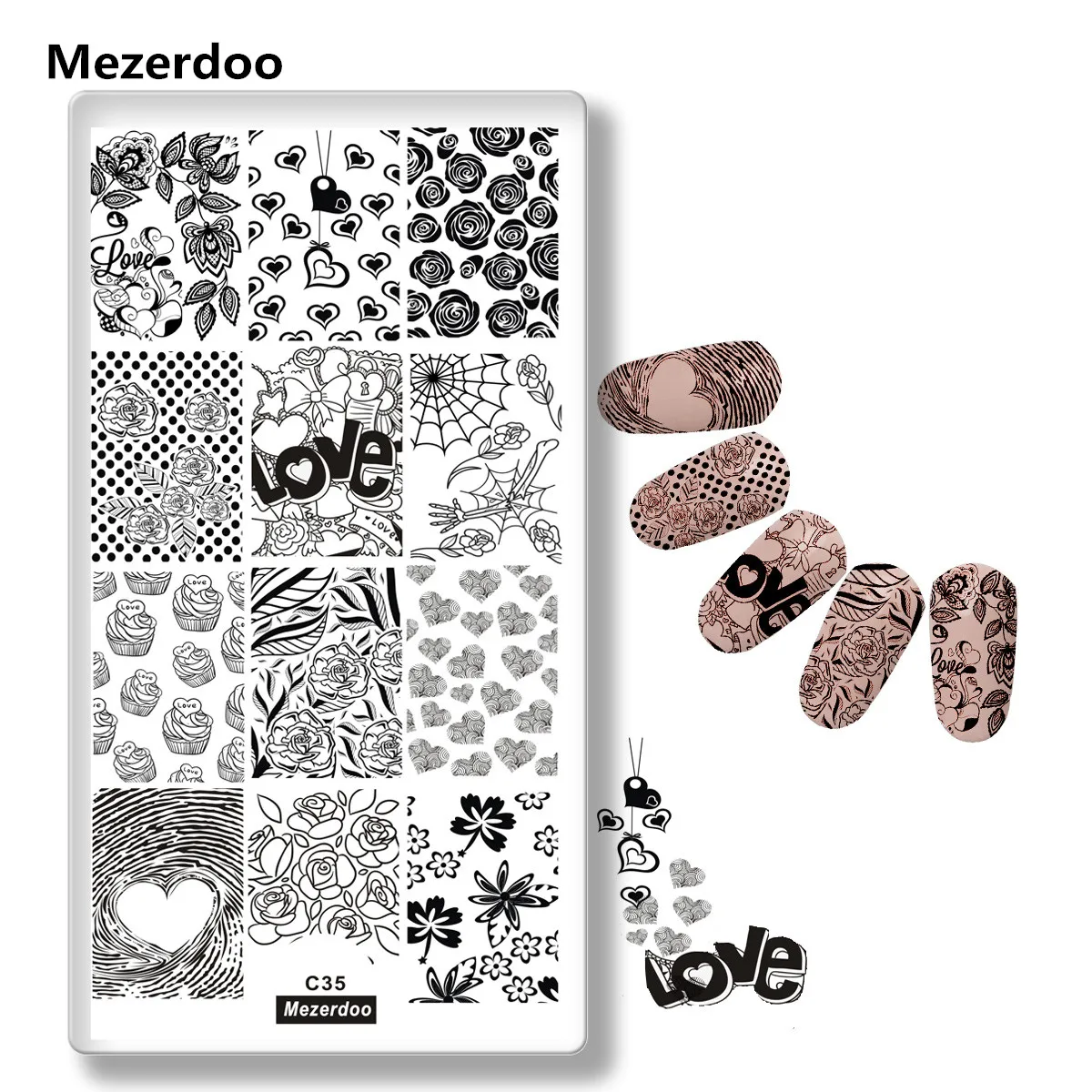 

1Pc Stamping Nail Art Love Heart Valentine Rose Sweet Dessert Nail Stamp Plate Rectangle Template Deco Manicure Image Tool C35