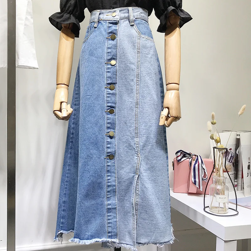 Новые джинсовые юбки с высокой талией однобортная джинсовая юбка бахромой и