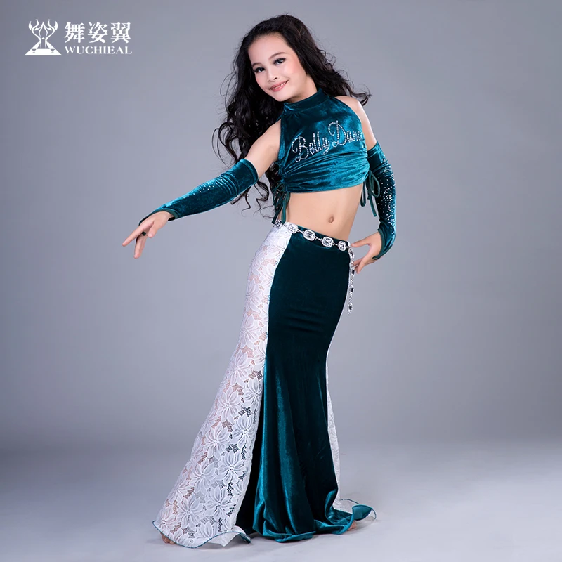 

Hot Sale New velvet Oriental Dance Costumes Wuchieal kids girls Belly Dance Costume top+skirt suits performance Clothes RT191