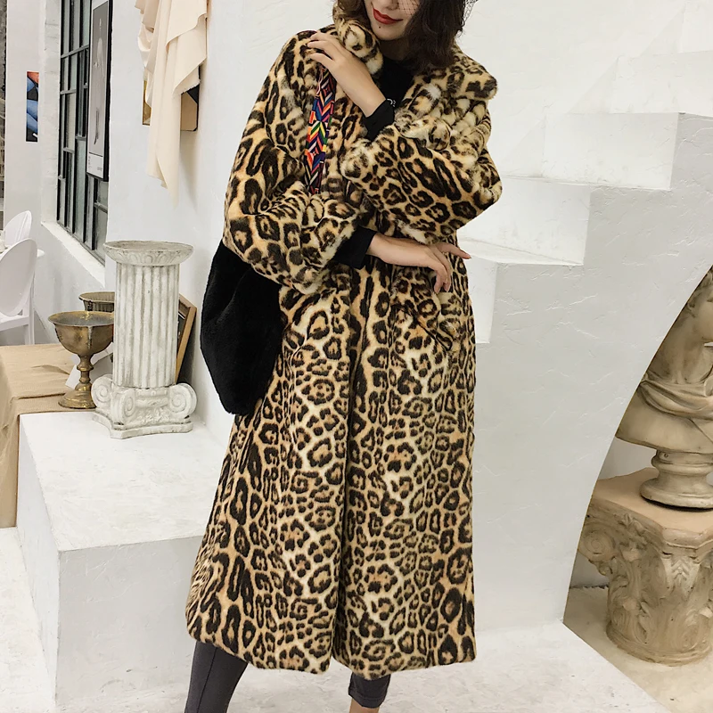 Chic X Long Leopard Faux Fur Coat Jacket Winter Fashion New Pocket Outerwear Thick Warm Cozy Faux Mink Fur Overcoat Female