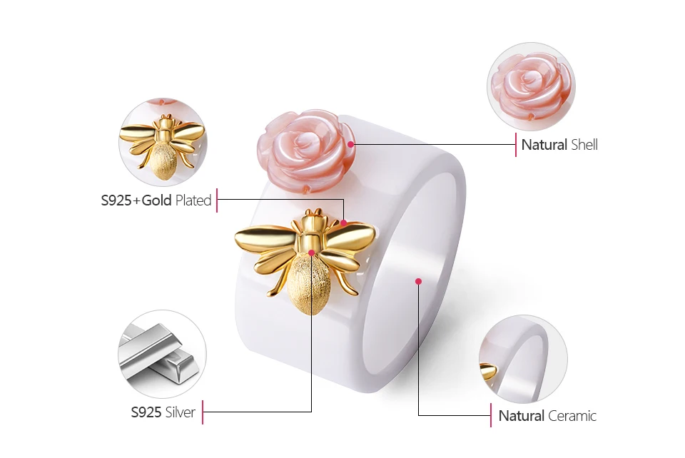 Lotus Fun, настоящее 925 пробы Серебряное кольцо, натуральное ювелирное изделие ручной работы, керамическое кольцо, милая пчела, поцелуй из розы, кольца для женщин