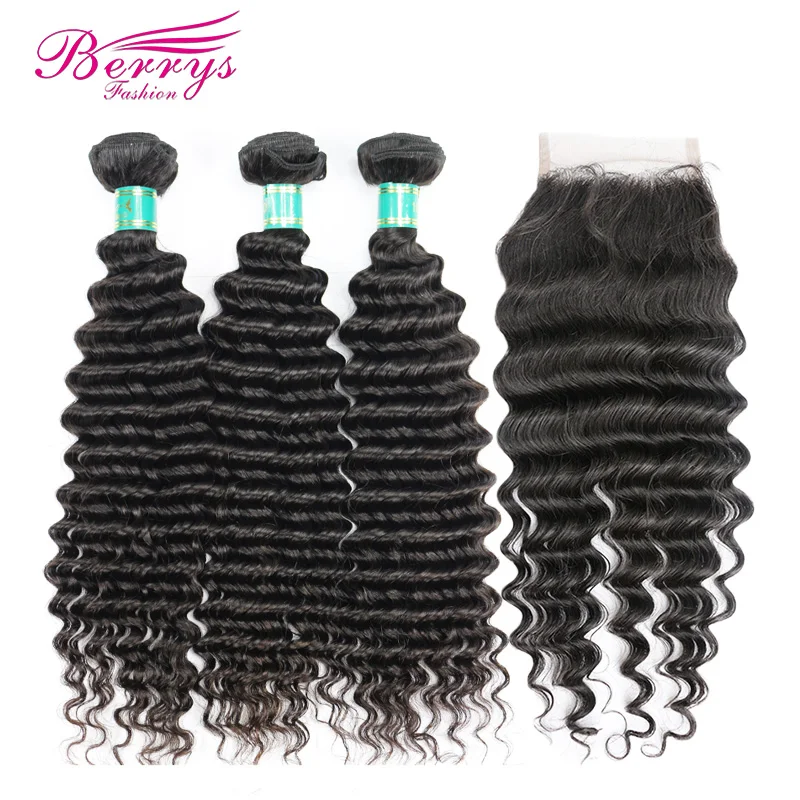 

Brazilian Virgin Hair Deep Weave Human Hair 3 PCS Bundles with Lace Closure 4x4 Unprocessed Human Hair Weft Berrys Fashion