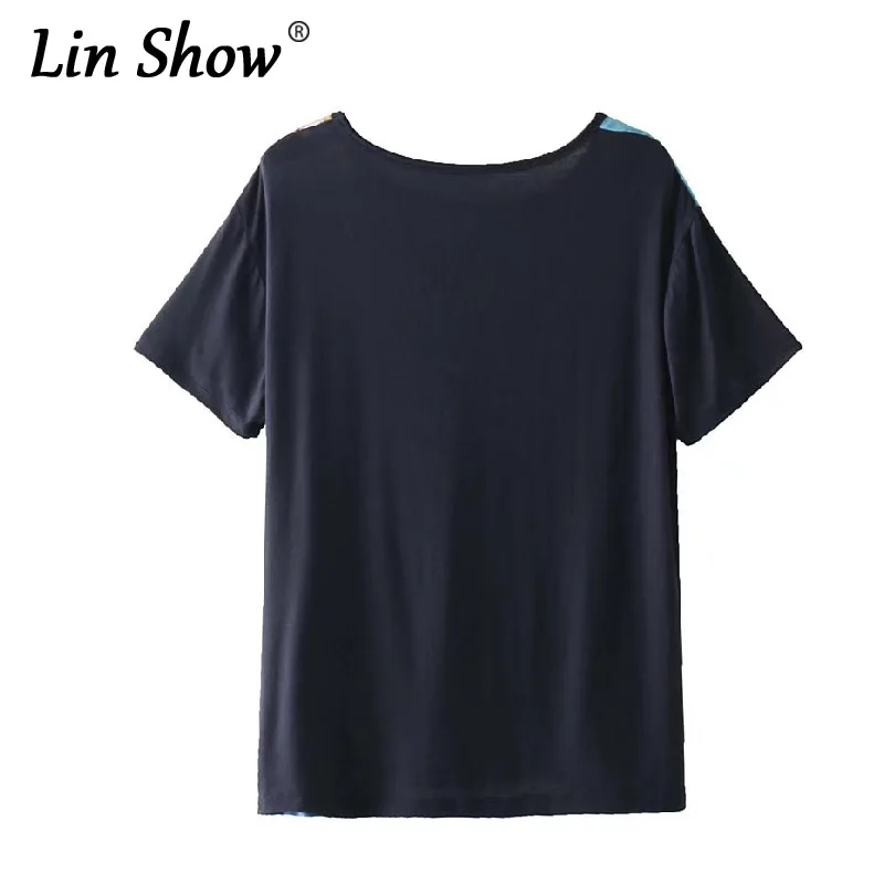 Linshow Лето Принт с цветком женские Футболки для женщин o-образным вырезом шить