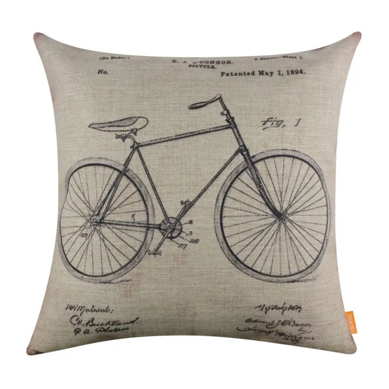 LINKWELL 18x18&quot Retro Black Bike Bicycle Patent Drawings Burlap Cushion Cover Throw Pillowcase Accent Antique Old Invention | Дом и сад