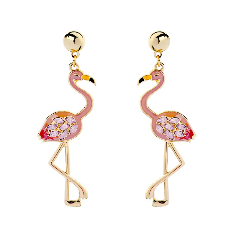 

Enamel glazed red flamingo purple crystal woman earrings personality European and American fashion wild earrings