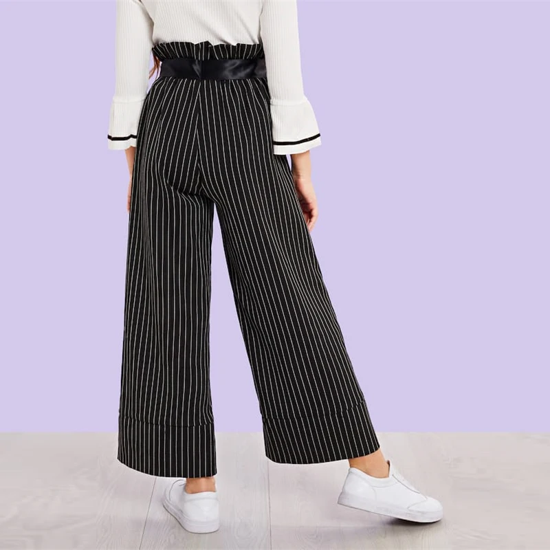 SHEIN/черные повседневные штаны в Вертикальную Полоску с поясом для девочек; леггинсы для девочек; коллекция года; сезон весна; модные широкие штаны; корейская детская одежда