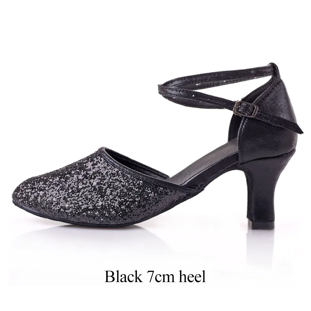Black 7cm heel Женская танцевальная обувь с закрытым носком для латинских танцев/Танго, на высоком каблуке 5/7 см, для женщин/девочек, для бальных танцев, сальса, Современная обувь для выступлений, мягкая подошва - Цвет: Black 7cm heel