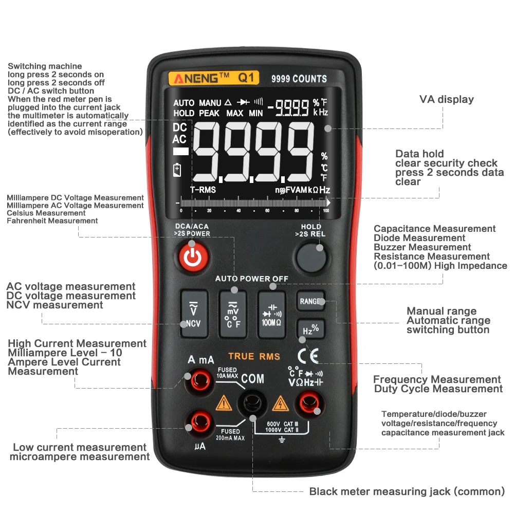 Q1 True-RMS Digital Multimeter Auto Button 9999 Counts With Analog Bar Graph AC/DC Voltage Ammeter Current Ohm Transistor Tester