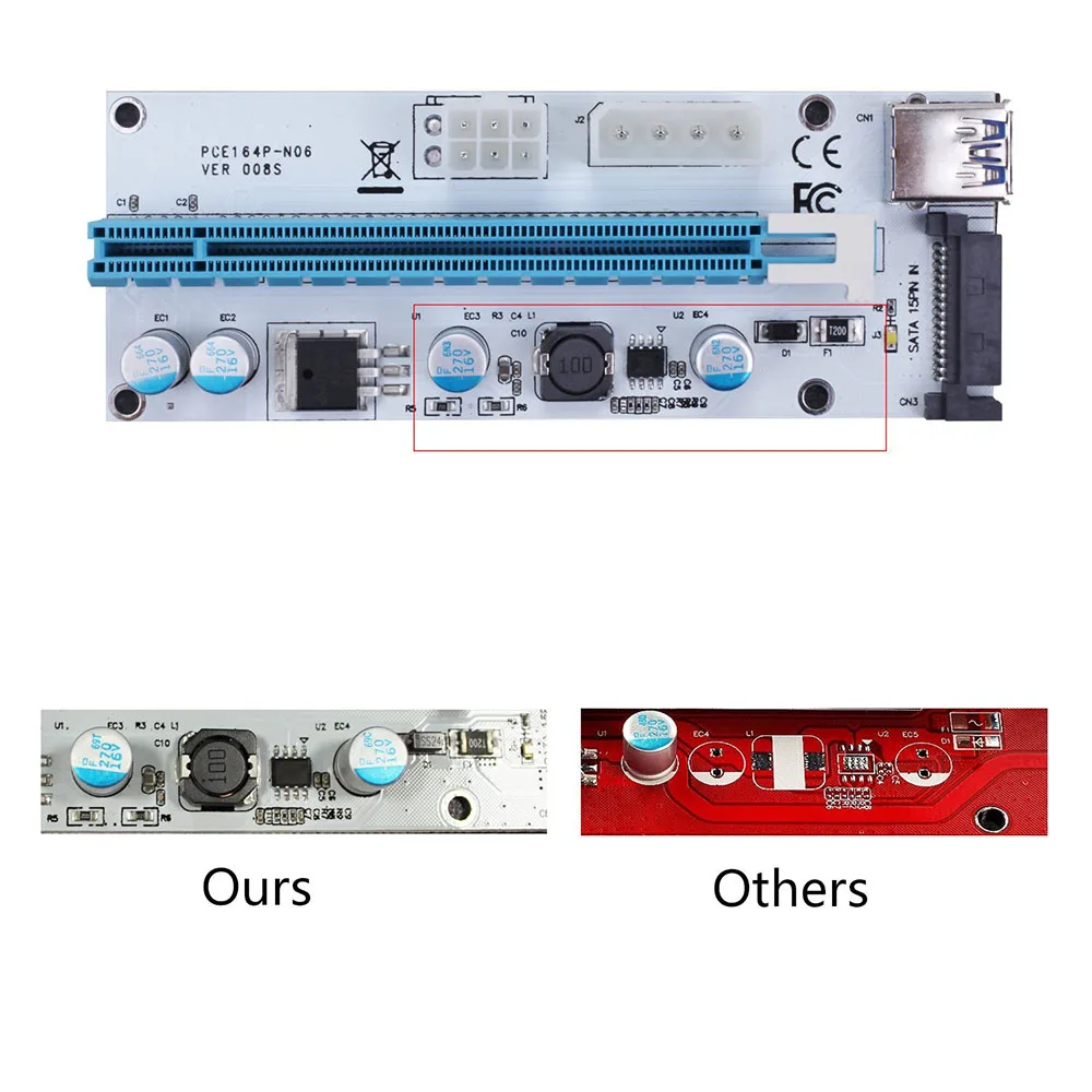 10 шт. VER008S 3 в 1 Molex 4 контактный SATA 6PIN PCIE PCI E Express Riser Card 1x к 16x USB 0 кабель для майнинга BTC