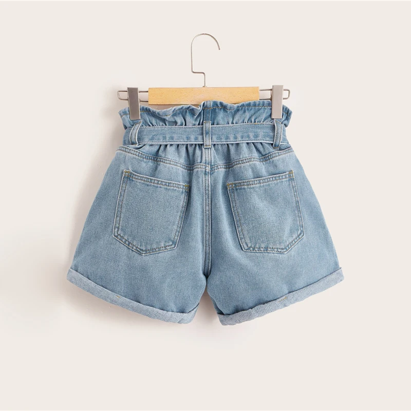 SweatyRocks Ripped Rolled Hem Denim Shorts Streetwear Casual High Waist Belted Shorts Summer Straight Leg Women Solid Shorts