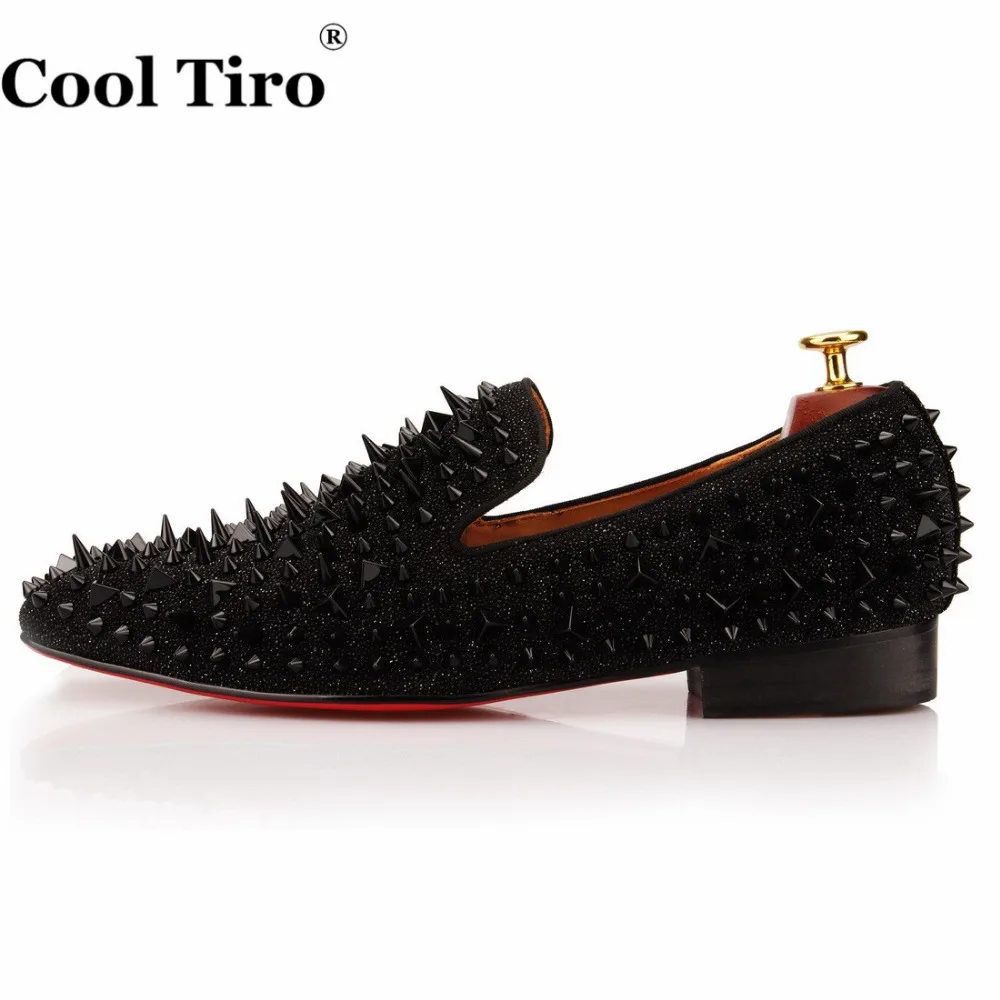 COOL TIRO Handmade Mens Shoes Studded Spike Black sequin drill Loafers Runway Shining Rivets Party Dress Men | Обувь