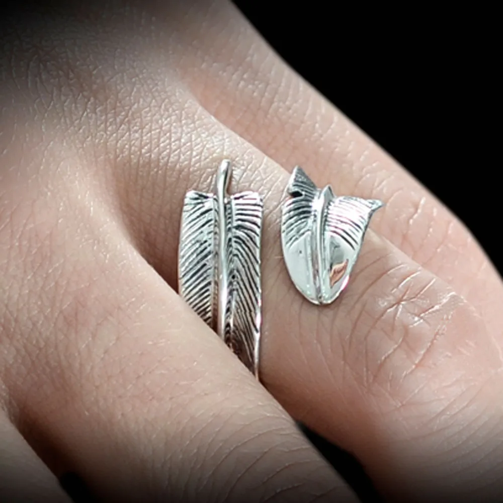 Нефрита ангела 925 серебро перо кольцо Винтаж шлейфа Регулируемая открытие Для