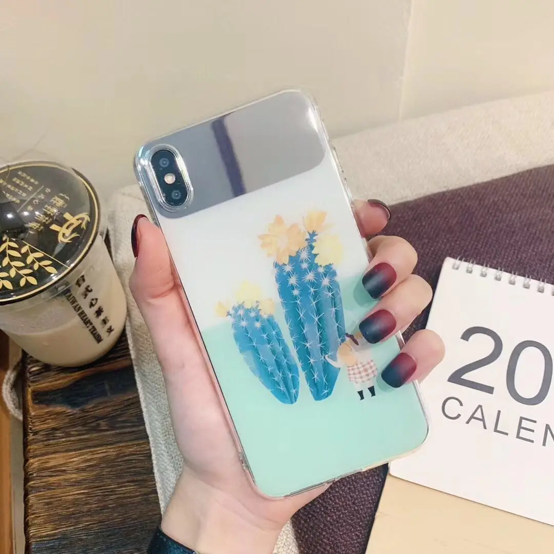 Green Fresh Painted Cactus Mirror Case for Iphone Xs Max Retro Glossy Clear Tpu Silicon Xr 6s 7 8plus Back Cover |