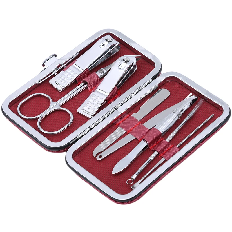 red 8PCS/Set Stainless Steel Kit Nail Pedicure Manicure Set Art Care Scissor Tweezer Ear Pick Clipper Acne Needle Tool Utility - Цвет: red