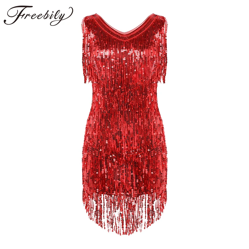 

Women Ladies V Neck Sleeveless Sparkling Sequin Tassels Fringe Ballroom Samba Tango Stage Latin Dance Dress Rave Costume