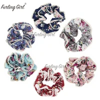 furling girl 1pc flower printed hair scrunchies with lace trim women ponytail holder floral elastic hair bands