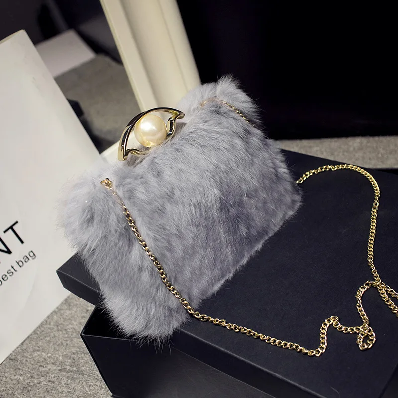 Женская сумка на плечо новая мода мех кролика жемчуг цепь для женщин леди топ