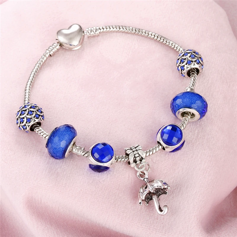 Hot Sale Blue Glass Crystal Beads Charms Bracelet &amp Bangle Heart Lock Key Tortoise Pendant Bracelets For Women Diy Jewelry Gifts |