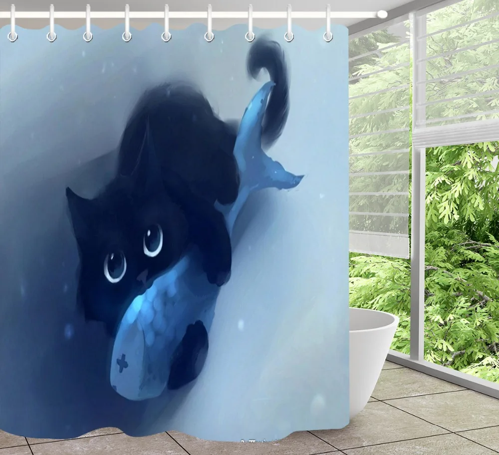 Абстрактная занавеска для душа LB с котом и рыбкой водостойкая Экологически