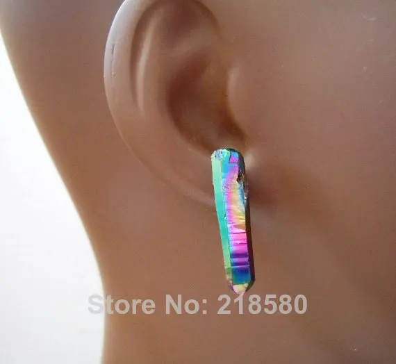 

H-CE36 Rainbow Titanium Quartz Crystal Point Stud Earrings Boho Chic Style