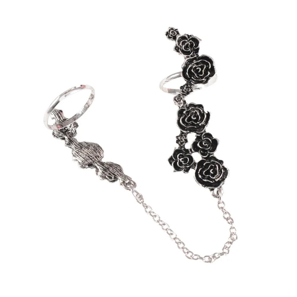 Серебряное регулируемое кольцо с 2 пальцами и цепочкой черным цветком розы для