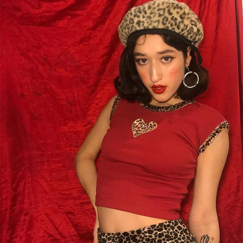 Женский леопардовый топ с принтом сердечек укороченный Харадзюку в стиле
