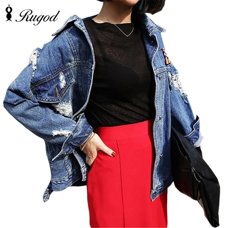 2019 Винтаж моды мыть водой деним нашивка на куртку свободные BF джинсовая куртка