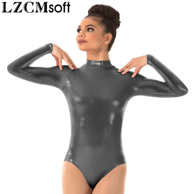 Gray LZCMsoft женские трико с длинным рукавом Водолазка Леотард для гимнастики и танцев цельный сценический костюм блестящий металлик - Цвет: Gray