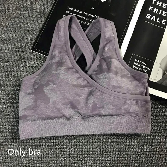 Purple bra Камуфляж Йога Комплект Для женщин 2 шт. набор бесшопное Фитнес Йога бюстгальтер спортивный бюстгальтер Высокая Талия тренажерный зал камуфляжной расцветки, легинсы, штаны для фитнеса костюмы тренировки - Цвет: Purple bra
