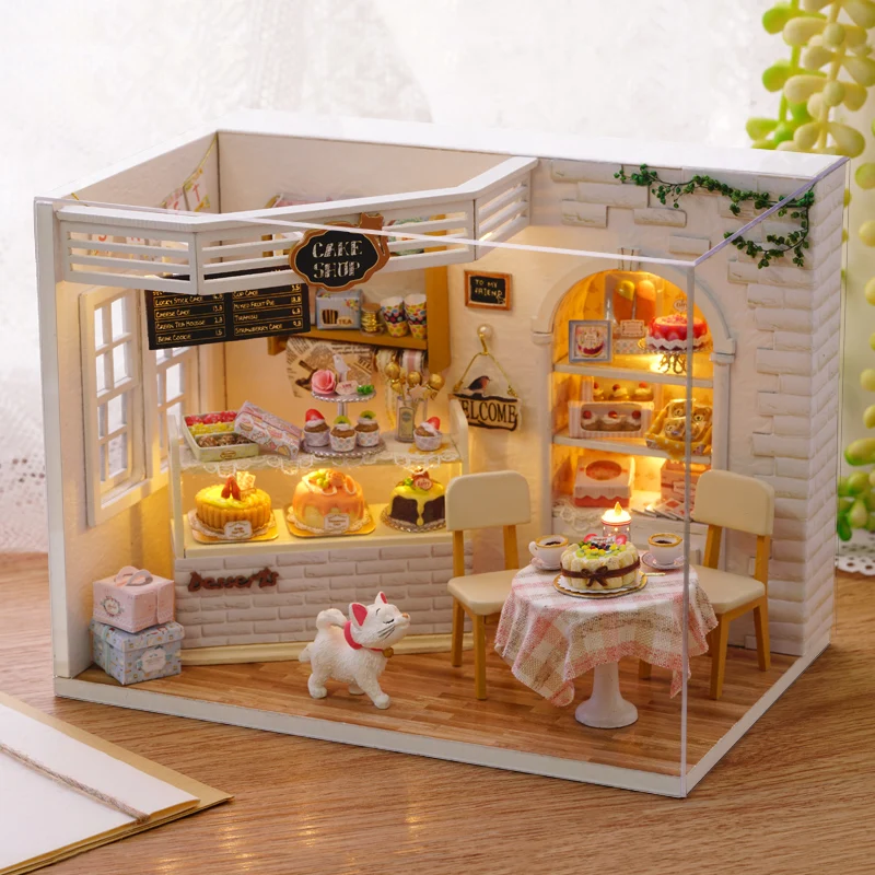 Doll House With Dust Cover Dollhouse Miniature Handmade Casa De Boneca DIY Toys for Children Birthday Gifts Cat Cake Diary H014