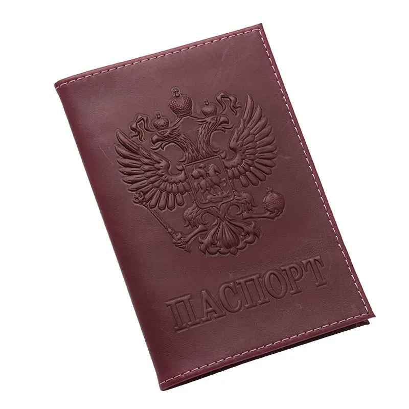 Wine red Винтажная натуральная кожа Crazy Horse с логотипом герб России, Обложка для паспорта, мужской чехол для паспорта из натуральной кожи, Прямая поставка - Цвет: Wine red