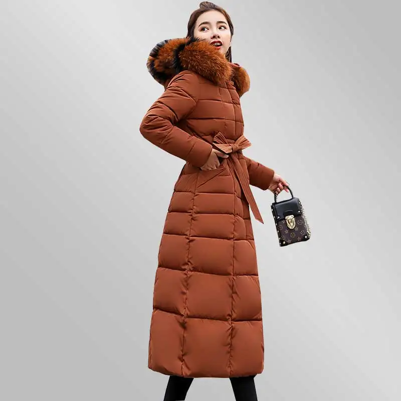 2018 New Women Winter Long Jacket Hooded Fur Collar Padded Overcoat Plus size belt Slim Down Cotton Coat Fashion Parkas WZ754