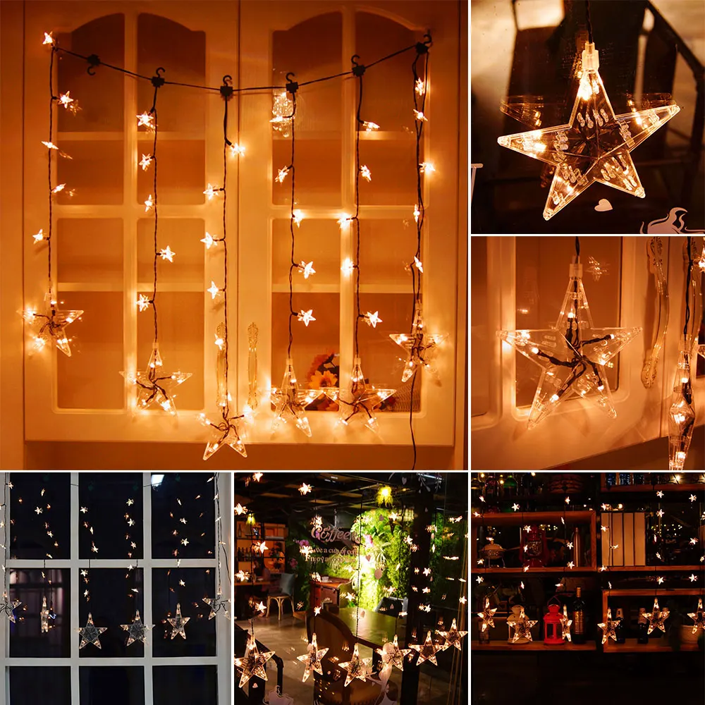 60-LED Stars Curtain Light With 8 Modes Memory Function Waterproof Decoration Christmas Festival Party EU Plug | Лампы и освещение