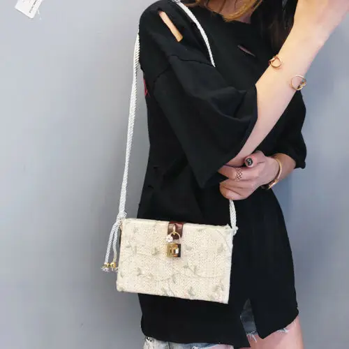 

Women Straw Bag Handwoven Rectangle Rattan Handbags Knitted Crossbody Bag Tote