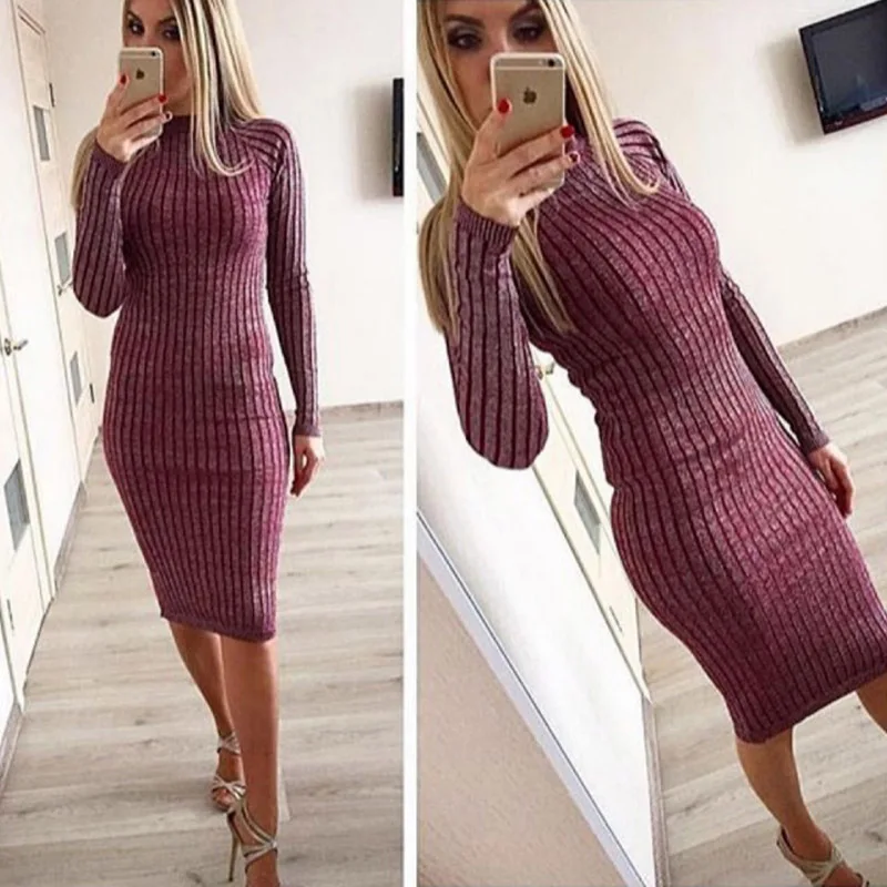 Женское платье свитер средней длины с длинным рукавом и круглым вырезом|Женские