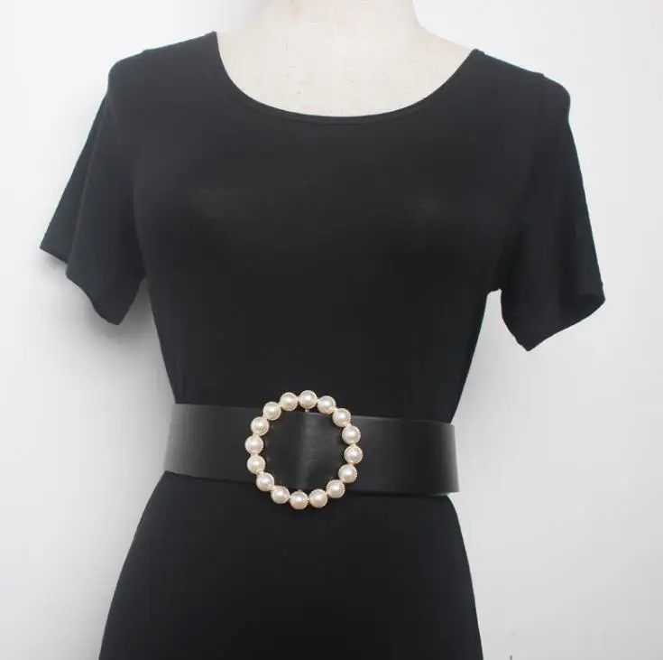 

Women's runway fashion pearl buckle pu leather Cummerbunds female Dress Corsets Waistband Belts decoration wide belt R1555