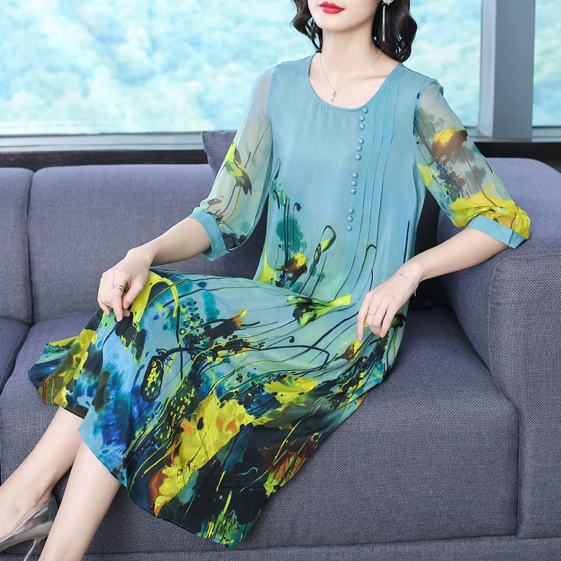 Женское шелковое платье с принтом элегантное свободное большого размера в