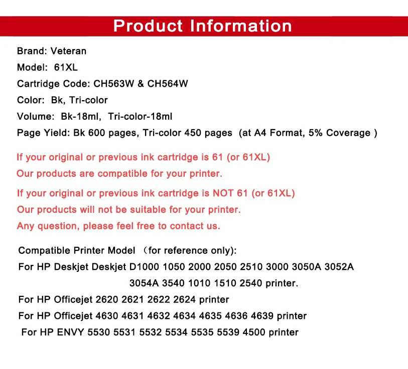 Veteran 61XL сменный чернильный картридж для hp 61 xl hp61 Deskjet 1000 1050 1055 2000 2050 2512 J110a J210a J310a 3000