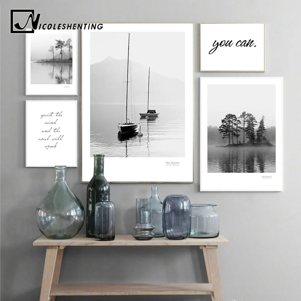 Постер на холсте "Скандинавский пейзаж" в стиле Нордик: озеро, лодка, лес, природа, живопись, украшение, картины для дома.