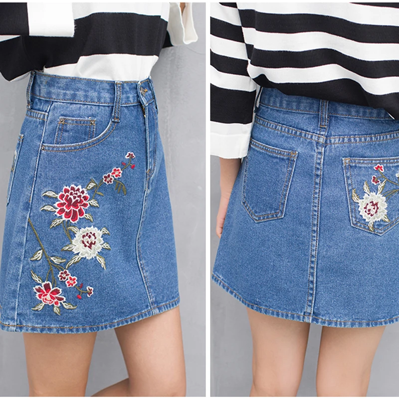 Джинсовые юбки с высокой талией для девочек юбка цветочной вышивкой короткие