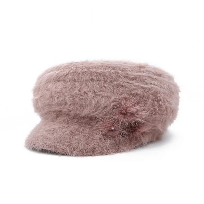 Winter 100% Rabbit women hat flowers Blending girl Berets cap Knit Crochet hats Warm soft solid warm fashion caps | Аксессуары для