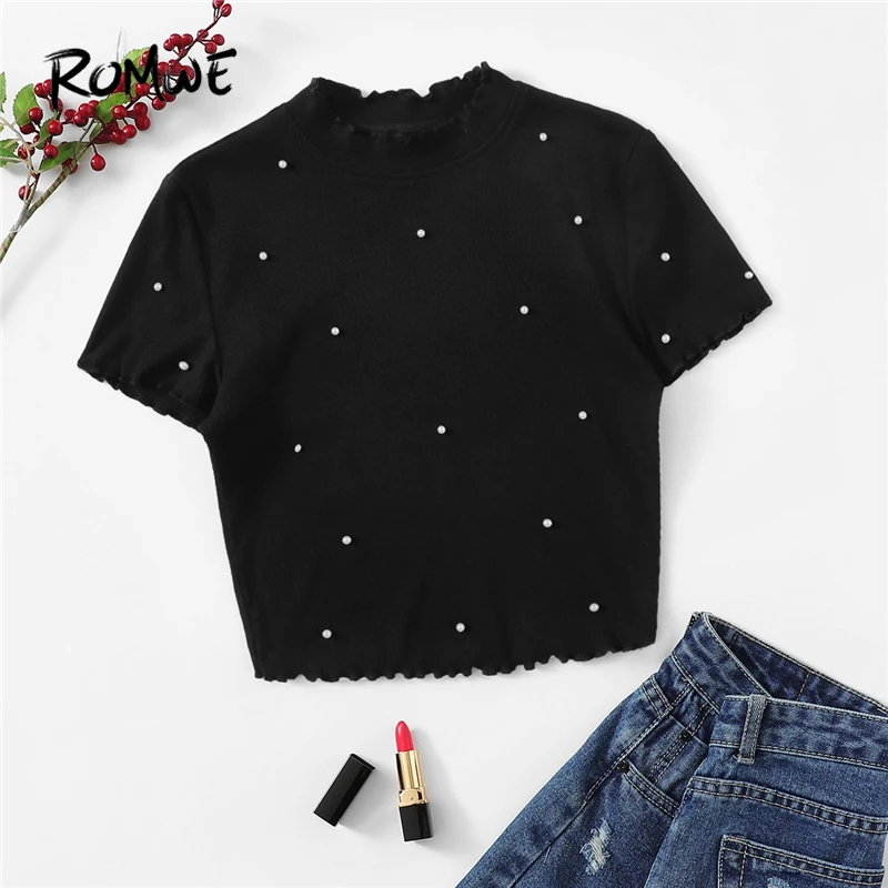 ROMWE Черный насыщенный салат отделкой жемчугом Бисер Crop Tee Для женщин Лето Элегантный Воротник-стойка футболки женские, облегающие Топы